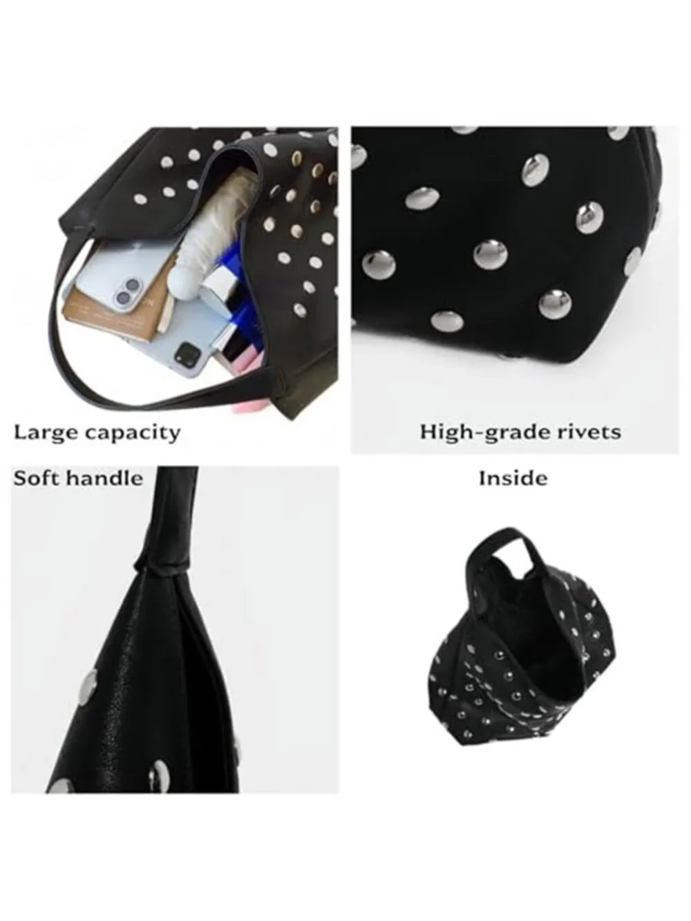 Black Studded Vegan Leather Hobo Bag Y2K Slouchy Punk Shoulder Purse